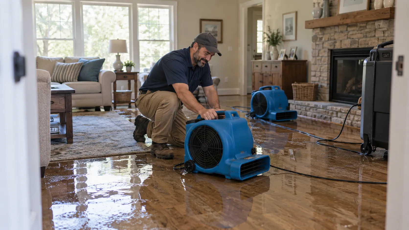 Water damage restoration technician drying a flooded living room in Des Moines